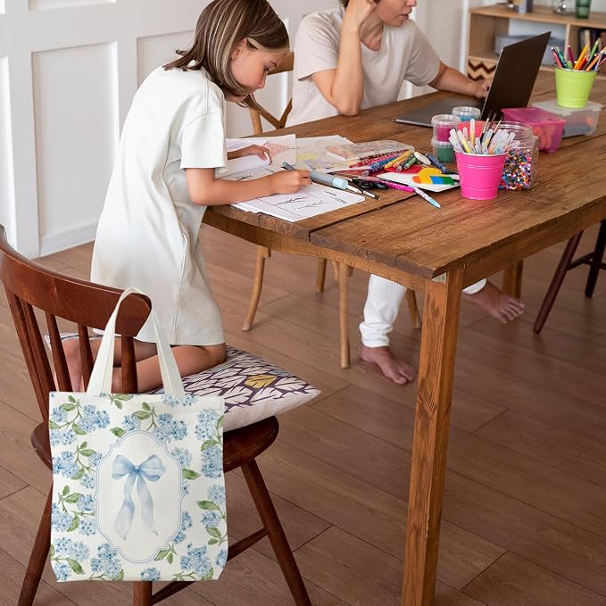 Grandmillennial Blue Floral Tote Bag for Women,Blue Floral Reusable Shopping Grocery Bags - Image 3