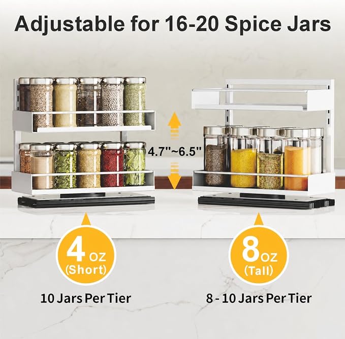 Vertical Spice Rack Pull Out - 1 Pack Spice Organizer for Cabinet | For Flat-Front Cabinets Only, Pull-Out Rotating Access, No-Drill Mount, Keeps Spices Visible Easy to Reach, Adjustable Height - Image 5