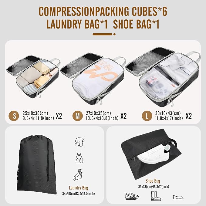 8 Set Compression Packing Cubes for Travel, Expandable Luggage Organizer with Shoe Bag & Laundry Bag - Lightweight Suitcase & Backpack Travel Essentials (Black) - Image 2