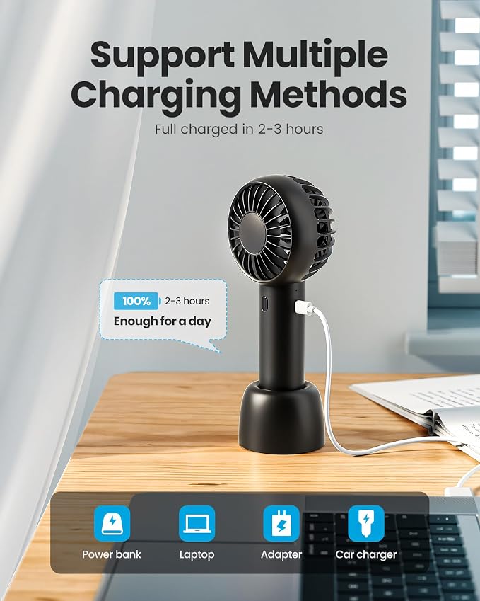Gaiatop Mini Portable Fan, Small and Powerful, Cute Design 3 Speed Personal Handheld fan and Desktop with Base, Lightweight USB Rechargeable for Travel Lash Makeup Girl Women Summer Gift Black | Powerful 3 Speed with Desktop Base, Lightweight, Battery ... - Image 6