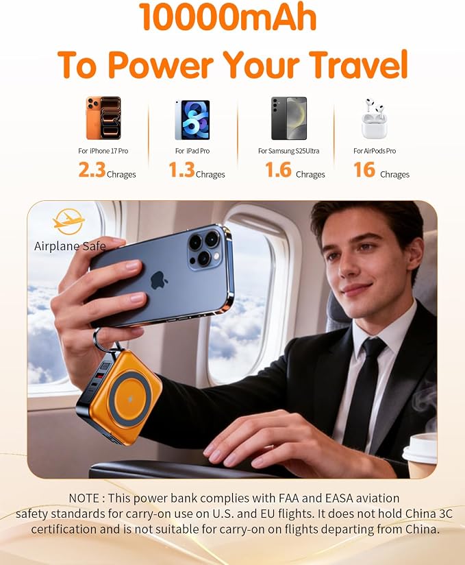 10000mAh for Magsafe Portable Charger Built-in Cables & AC Wall Plug,Orange | 6-in-1,PD 22.5W USB C Fast Charging,15W Magnetic Wireless Charging,Charge 5 devices at once,LED Display Travel Power Bank - Image 7