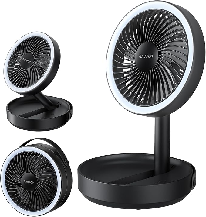 Gaiatop Foldable Desk Fan with Night Light, 6.8in Portable Travel Fan | 6000mAh Battery Powered Fan, USB Rechargeable, Bedroom Office Camping Travel & Cruise Essentials, Gifts for Women Men, Black by GAIATOP