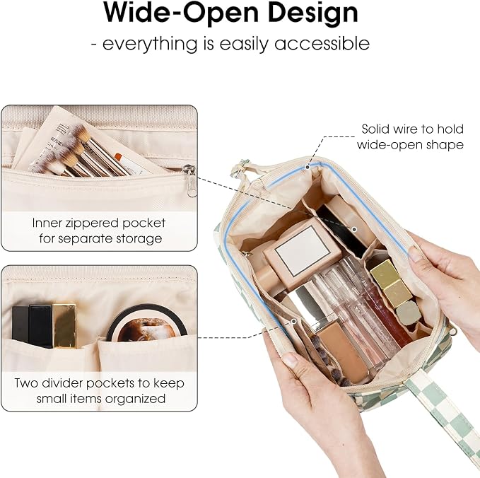 Narwey Makeup Bag Women Girls, Travel Toiletry Bag for Women Cosmetic Bag Organizer Make up Bag with Compartments Toiletries Medicine Bag (Mint Green Checkerboard) - Image 2