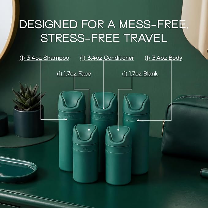 RIES Travel Bottles for Toiletries | Travel Size Containers | 5 Pack | Tsa Travel Bottles | Shampoo and Conditioner Leak Proof with Airless Pump | BPA Free Recycled Plastic & Dishwasher Safe - Image 7