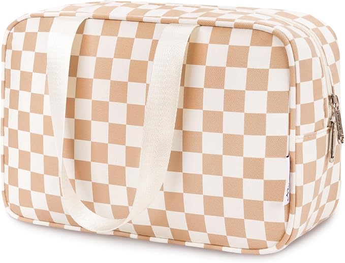 Narwey Large Travel Toiletry Bag Women, Checkered Makeup Bag with Handle, Portable Make up Cosmetic bag Organizer, Travel Bag for Toiletries, Skincare, Medicine, Essentials (Light Checkerboard, Large) by Narwey