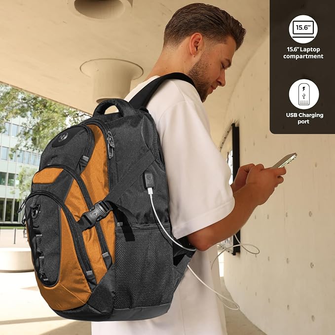 Swissdigital Design Laptop Backpack with USB Charging Port, Travel Backpack Fits 15.6 inches Computer, 31L College School Backpack for Men, Orange/Black | SD803-66 - Image 2