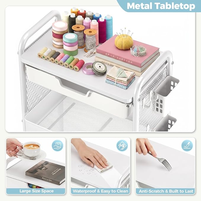 KINGBOARD 3 Tier Metal Rolling Cart with Drawer, White Utility Storage Cart | 2 Cups & 4 Hooks, Lockable Wheels, Trolley Organizer for Bathroom, Kitchen, Office, Nursery, Dorm, Laundry, Craft Room - Image 5