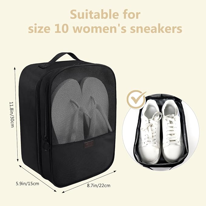 Black Shoe Bag for Travel, 2 Layers Waterproof Shoes Organizer | Holds 3 Pairs,Trolley Strap,Easy Clean Lining,Leak Proof,Dual Zippers - Image 6