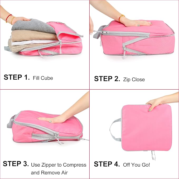 4 Set Compression Packing Cubes, Travel Luggage Organizers and Storage Packing Cubes (Pink) - Image 3