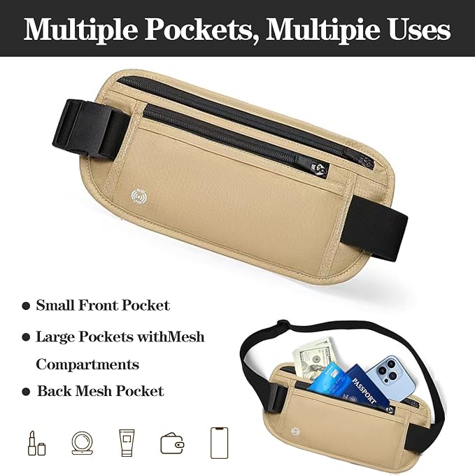 Khaki Hidden Money Belt for Travel for Men, Waist Wallet Anti Theft, RFID Passport Holder For Travel Men Or Women, Money Pouch, RFID Passport Holder - Image 5