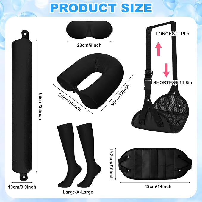 BreezeHug 4 Pcs Travel Comfort Kit with Memory Foam Travel Pillow Airplane Footrest Hammock 3D Contoured Eye Mask Compression Socks Neck Pillow for Car Flight Sleeping Support (Black) - Image 2