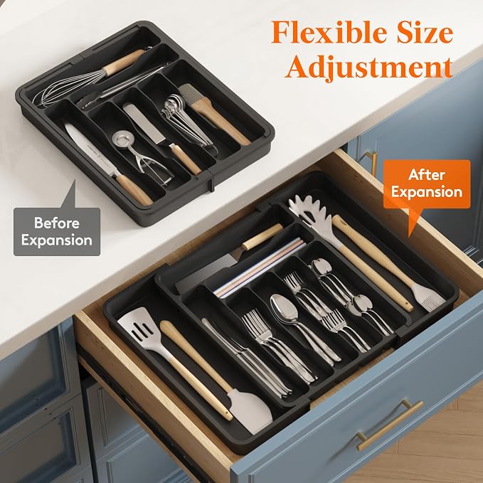 Lifewit Expandable Silverware Drawer Organizer, Kitchen Utensil Tray | BPA-free Plastic Flatware Cutlery Holder, Space-Saving Storage for Spoons Forks Knives, 11.8-19.6 x 15“, Black - Image 7