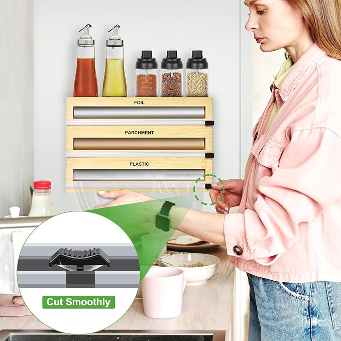 MSJGA Magnetic Plastic Wrap Dispenser with Cutter for Drawer&Refrigerator | 3 in 1 Fridge Bamboo Organizer for Tin Foil, Baking Paper, Wax Paper Holder Kitchen Storage Box Compatible,13" x 8.2" x 2.7" - Image 4