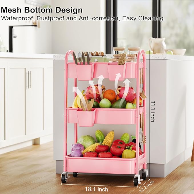 3 Tier Rolling Storage Cart Metal with Wheels, Pink Three Tiered Craft Cart | Utility Roller Shelf Carts on Wheels for Baby Nursery, Diaper Caddy, Art, Book, Nail Organizer, Makeup,Lash,Tech, Salon, Hair - Image 5