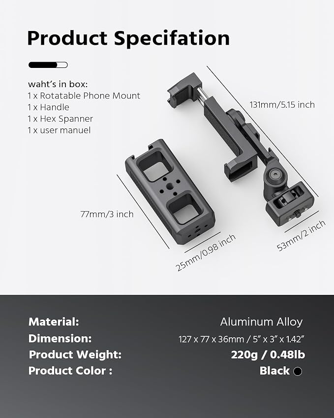 Phone Clip Rig Stabilizer for Smartphone, Lightweight Handheld Vlogging Rig with 360° Rotation, Grip & Cold Shoe Mounts | Compatible with Most Smartphones (for Arri-Standard) - Image 9