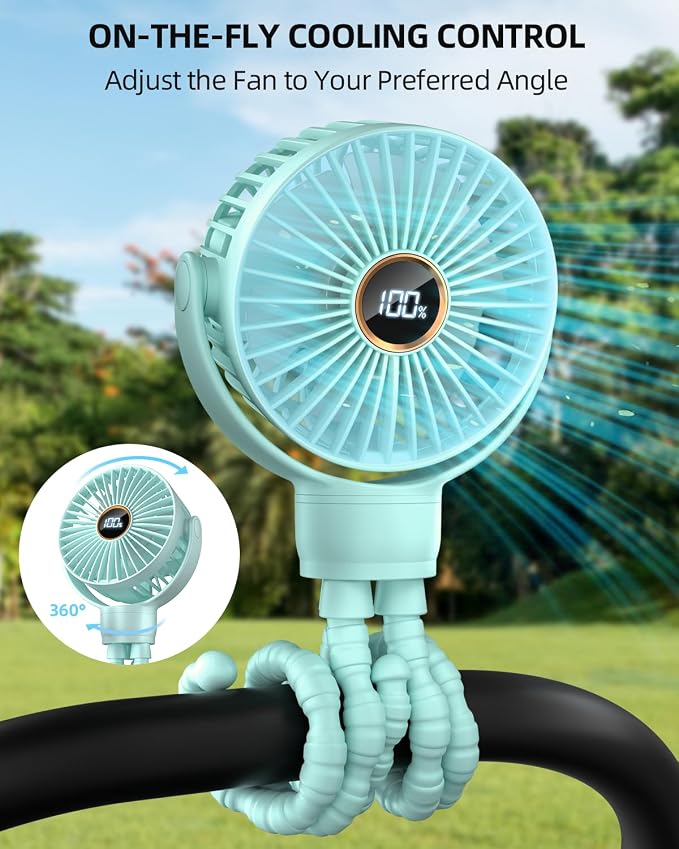 Portable Stroller Mini Fan, Small Rechargeable Personal Fan, Travel Essentials for Baby, Wagon, Car Seat, Treadmill, Battery Powered Biking Gear Accessories, 360° Rotation, 3-Speed, Display, Aqua - Image 2
