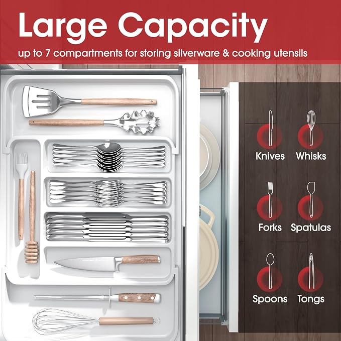 Aujen Silverware Drawer Organizer, Adjustable Utensil Cutlery Tray | Expandable Kitchen Organizer for Forks Knives, Multipurpose Kitchen Storage , Apartment Essentials, White, Medium - Image 3