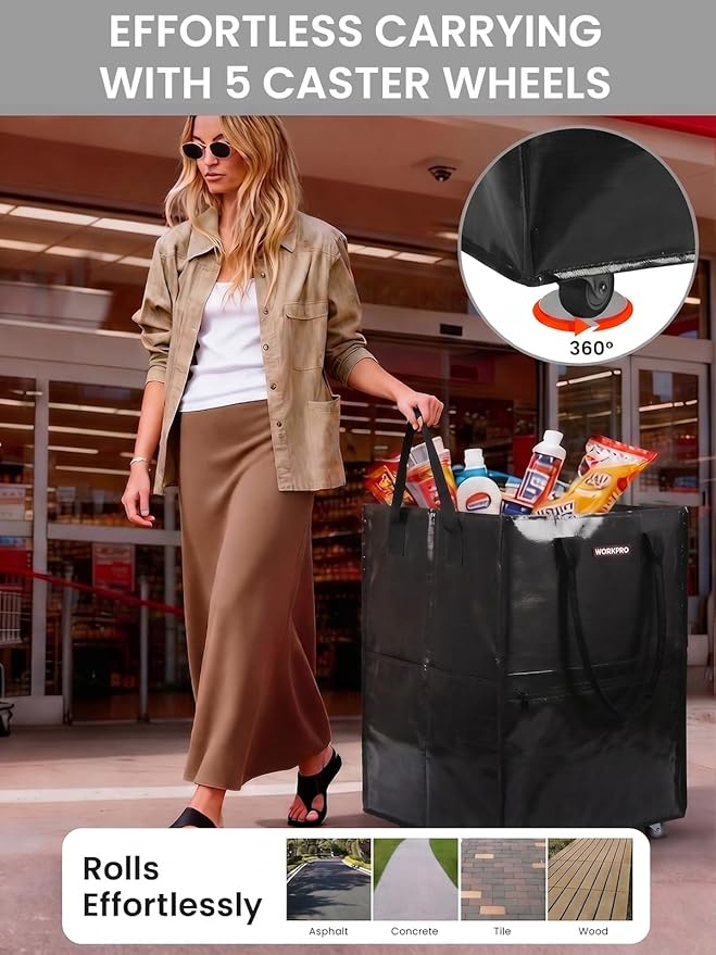 WORKPRO Large Rolling Grocery Bag, 36-Gallon Rolling Tote with 5 Wheels | Reusable Grocery Bag on Wheels, Holds Up to 110 lbs, Heavy Duty Rolling Tote for Groceries, Laundry, Moving & Storage - Image 4
