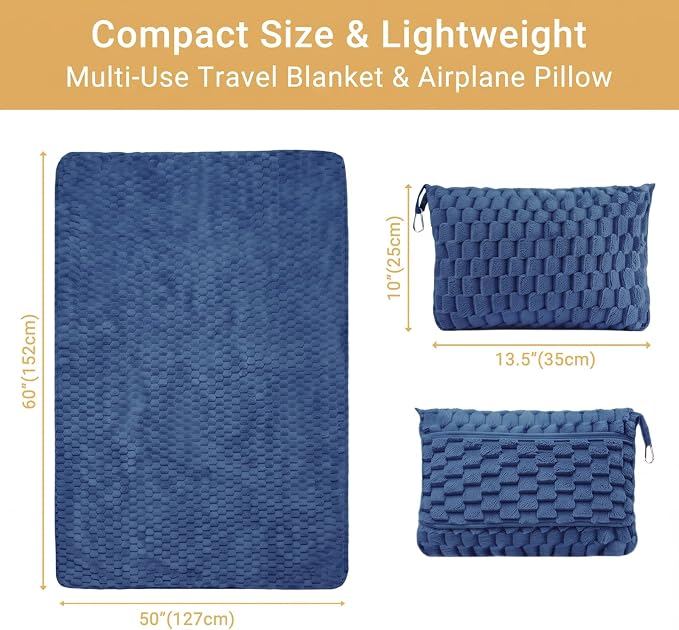 Travel Blanket with Bag, Soft Fleece Portable Airplane Blanket, Navy Blue | Soft fleece travel blanket 50x60in grey. 5-in-1: pillow, lumbar support, shawl, hand warmer. Washable, luggage sleeve, clip. - Image 6