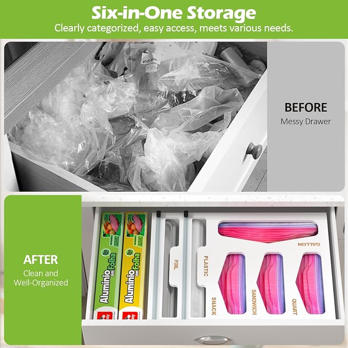 6 in 1 Bag Organizer and Wrap Dispenser with Magnetic Lid - Plastic Wrap Dispenser with Cutter for Kitchen Drawer, Storage for Gallon, Quart, Sandwich, Snack Bags, and Foil White - Image 4