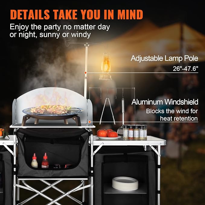 VEVOR Camping Kitchen Table, Folding Outdoor Cooking Table with Storage Carrying Bag, Aluminum Cook Station 3 Cupboard & Detachable Windscreen, Quick Set-up for Picnics, BBQ, RV Traveling, Black | Portable Lightweight Setup, Storage Pockets, Sturdy Cor... - Image 8