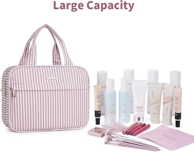 Narwey Striped Hanging Toiletry Bag for Women Travel Makeup Bag Cosmetic Make Up Organizer Toiletries Bag for Travel Essentials Accessories (Dusty Pink Stripe, Medium) - Image 6