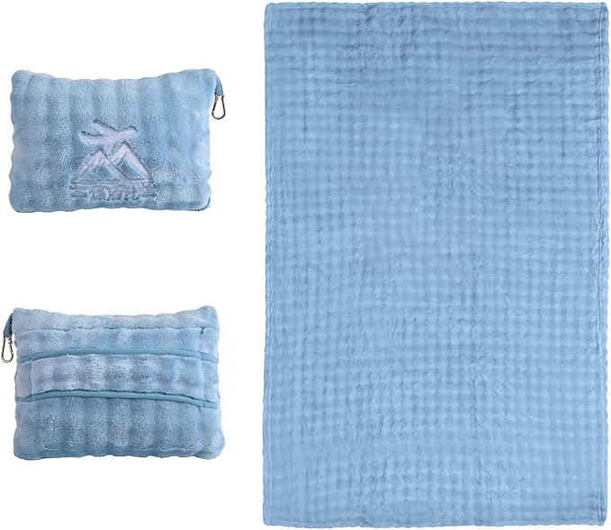 Travel Blanket and Pillow-2-in-1, Ultra-Soft&Compact, Airplane Blanket with Hand Luggage Belt and Backpack Clip,Travelers Accessories Gifts, 61x43 Inches（Blue） by Unknown