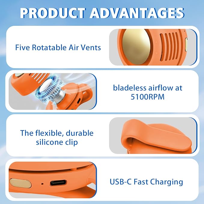 Portable Fan,2-in-1 Waist Clip On Bladeless, Ultra-Quiet Mini Personal Neck Fan 3 Speeds with 360°Adjustable Clip USB Rechargeable for Hiking,Office & Outdoor - Image 3