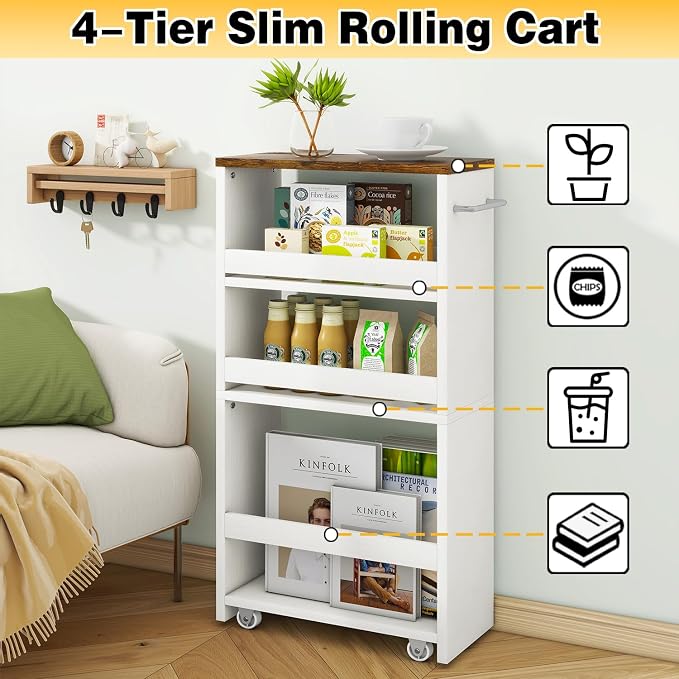IBUYKE Slim Storage Cart Skinny Rolling Cart Utility Trolley UWST005W | 4-Tier,5.9" Narrow, with Handle & Lockable Wheels, for Kitchen Laundry Room Bathroom, Small Spaces,Space-Saving - Image 6