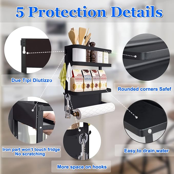 Magnetic Spice Rack for Refrigerator Magnetic Paper Towel Holder for Fridge Magnetic Shelf Magnetic Shelves Fridge Magnet Organizer Spice Rack Kitchen Organization Kitchen Storage Black - Image 2