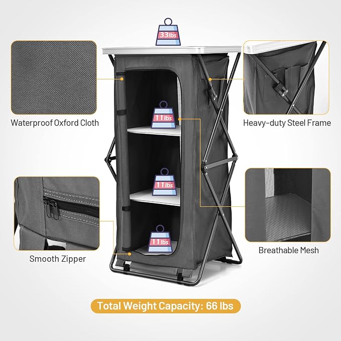 GIANTEX Folding Camping Storage Cabinet with 3 Shelves and Carry Bag, Portable Outdoor Organizer Kitchen Table, Quick Set-up for BBQ, Picnic, Backyard, Compact Pop-Up Cupboard, 47''H - Image 7