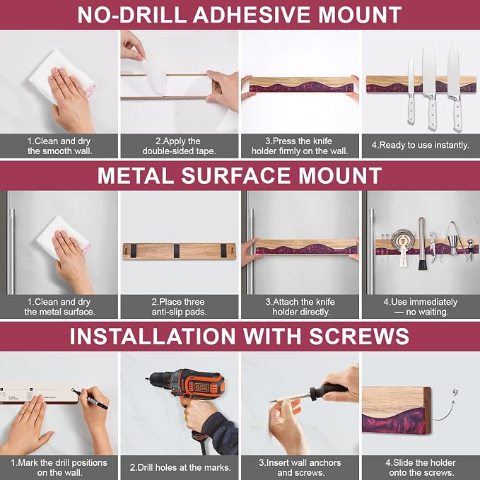 Magnetic Knife Holder for Wall 16 Inch, Acacia Wood Epoxy Resin Magnetic Knife Strip Bar, Powerful Magnet Kitchen Knife Storage Rack, Space-Saving Wall Mounted Organizer ("Ruby" Red Resin) - Image 5