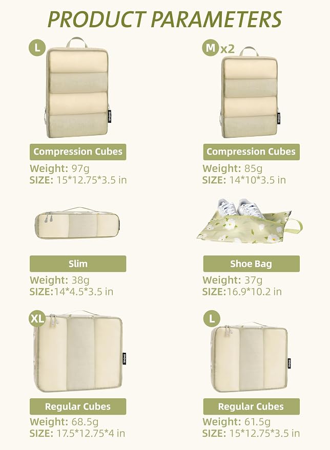 Bagail Ultralight Compression Cubes 7 Set - 3 Packing Cubes, 3 Organizers, and 1 Shoe Bag - Image 2