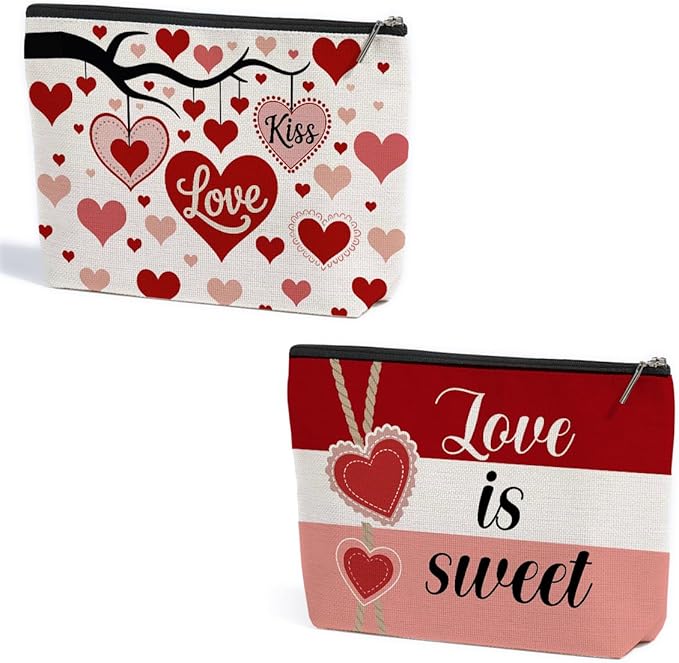 ZHAMEN 2 Pcs Love Is Sweet Makeup Bag, Organizer Portable Pouch Purse Travel Essentials Organizer Cosmetic Bags for Women, Cute Heart Travel Makeup Accessories, Birthday Gifts for Women by ZHAMEN