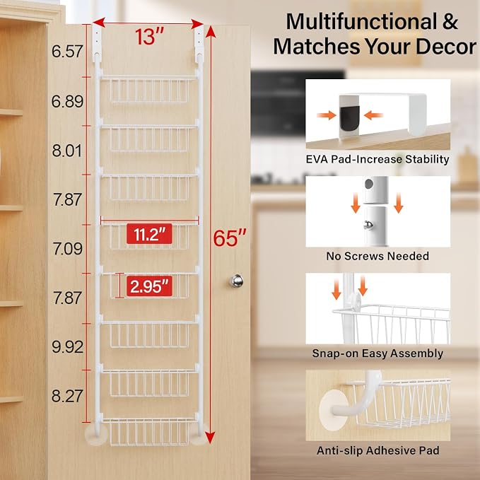 Delamu Narrow Over The Door Pantry Organizer, 8-Tier Metal Pantry Door Organization and Storage for Easy Install, Hanging Spice Rack Shelves, Door Organizer for Kitchen, 4.65"D x 13"W x 65"H, White - Image 2