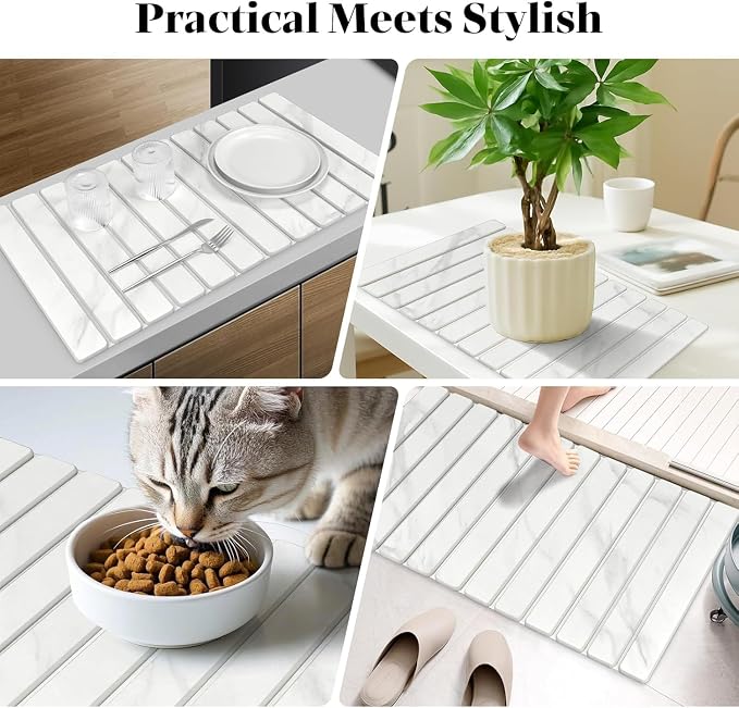 2 PCS Large Stone Dish Drying Mat for Kitchen Counter, 28"×16" Marble Dish Drying Mat with 8"x 4" Coasters, Non - Slip Collapsible Absorbent Mat for Multi - Purpose, Match Any Countertop【White】 - Image 7