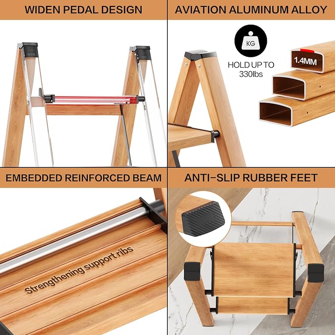 2 Step Ladder, Folding Step Stool with Anti-Slip Wide Pedal | Lightweight, Aluminum Material, 330LBS Load, Portable, Easy Storage, Space Saving, for Kitchen, Bedroom Use, Woodgrain - Image 4