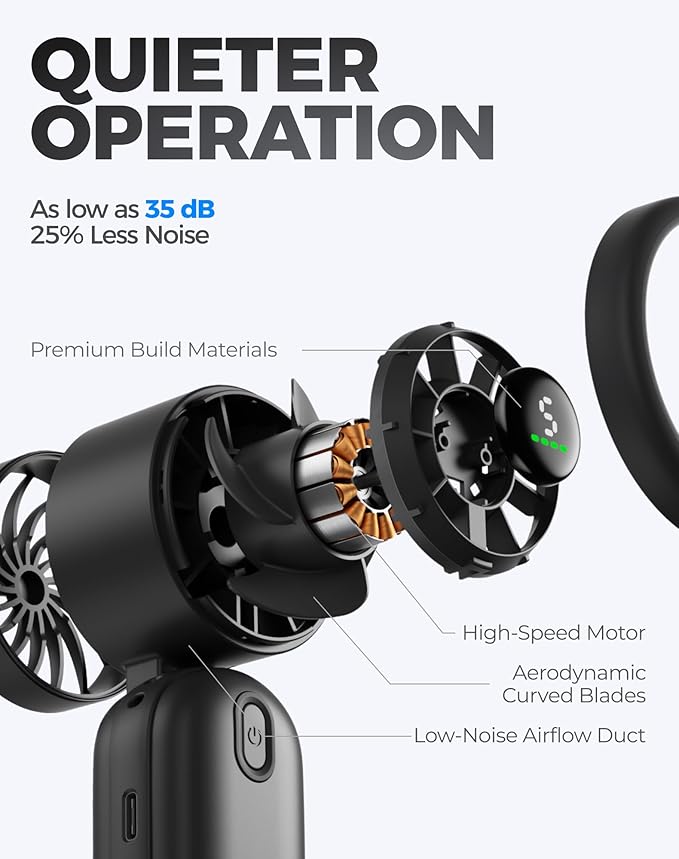 Diveblues Mini Portable Handheld Turbo Fan 27ft/s, 4000mAh Battery | Quiet Motor, 12H Max Cooling, 5 Speeds, LED Display, 3-in-1 Handheld/Neck/Desk Fan for Travel, Cruise & Disney Essentials - Image 3