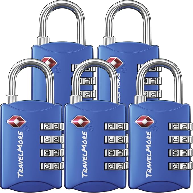 Luggage Locks TSA Approved, 4-Digit Travel Combination Locks | TSA Accepted, Easy to Use, Compact, Lightweight, Durable, Zinc Alloy Body, for Suitcases, Backpacks, Zippers, 5-Pack, Blue by TravelMore