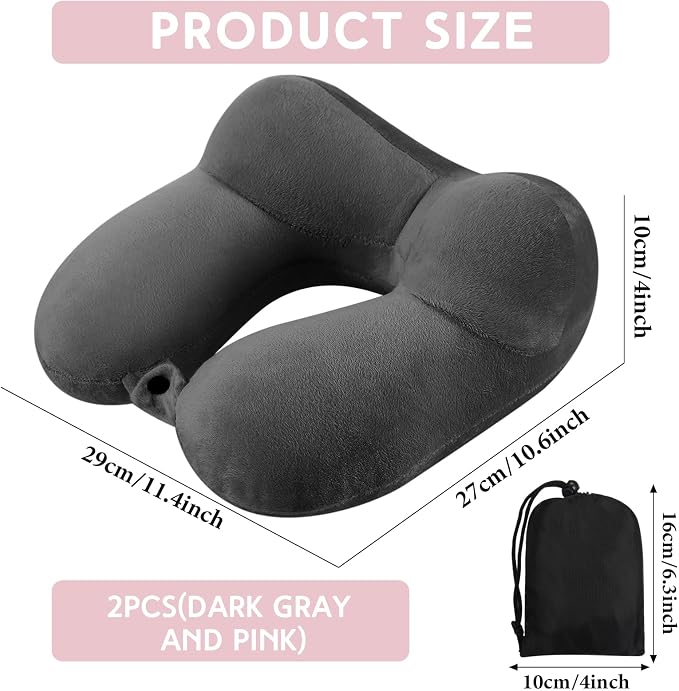Sintuff 2 Pack Inflatable Travel Pillow for Airplanes Inflatable Neck Flight Pillows with Compact Bag and Blindfold for Traveling, Airplane, Train, Car, Office(Dark Gray and Light Pink) - Image 2