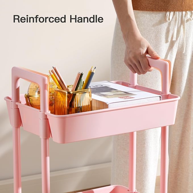 Pipishell 3 Tier Rolling Cart Organizer, Plastic Rolling Cart with Lockable Wheels & Reinforced Handle, Lightweight Utility Storage Cart for Nursery, Kitchen, Craft Room, Pink - Image 5