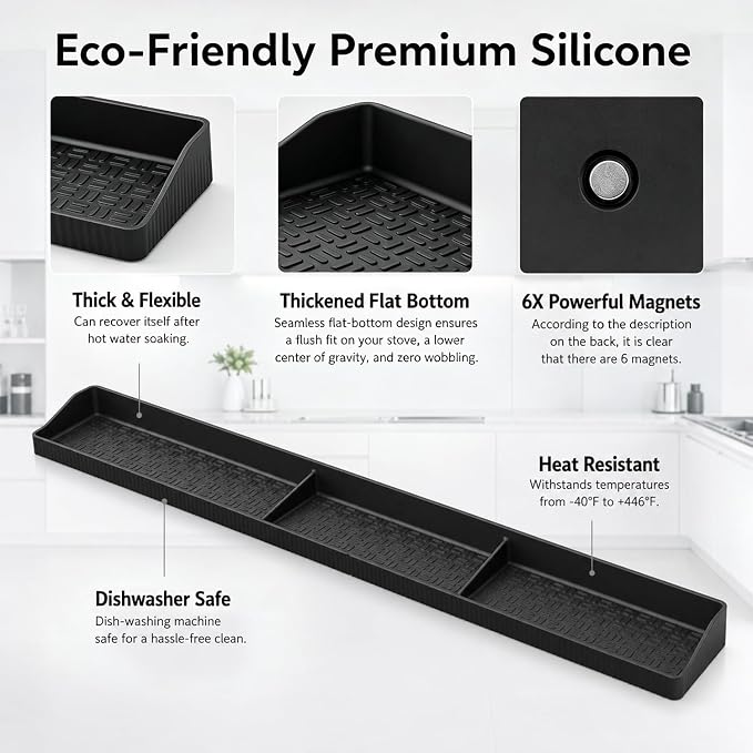 30" Magnetic Stove Top Shelf, Silicone Over the Stove Spice Rack Organizer | Heat Resistant Silicone, Anti-Rattle No-Scratch Range Shelf, 3 Functional Partitions Kitchen Storage for Spices - Image 7