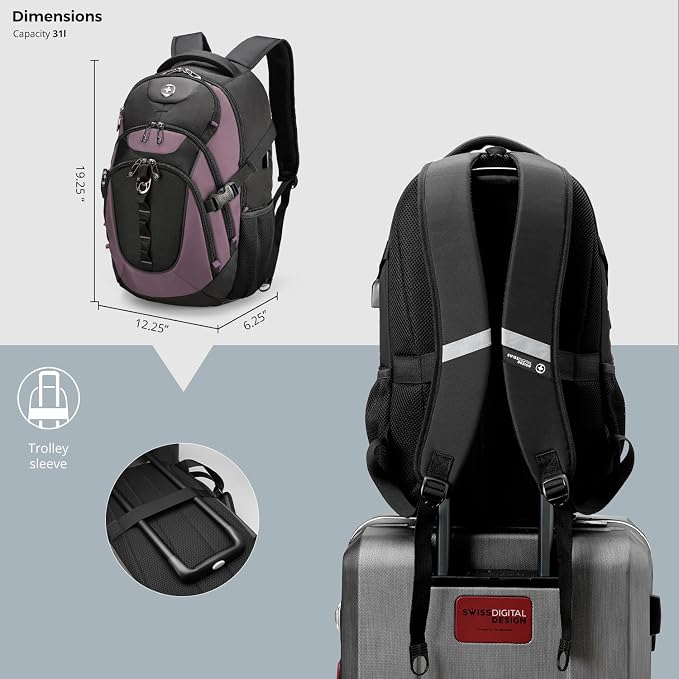 Swissdigital Design Laptop Backpack with USB Charging Port, Travel Backpack Fits 15.6 inches Computer, 31L College School Backpack for Women, Light Purple/Black | SD803-85 - Image 7