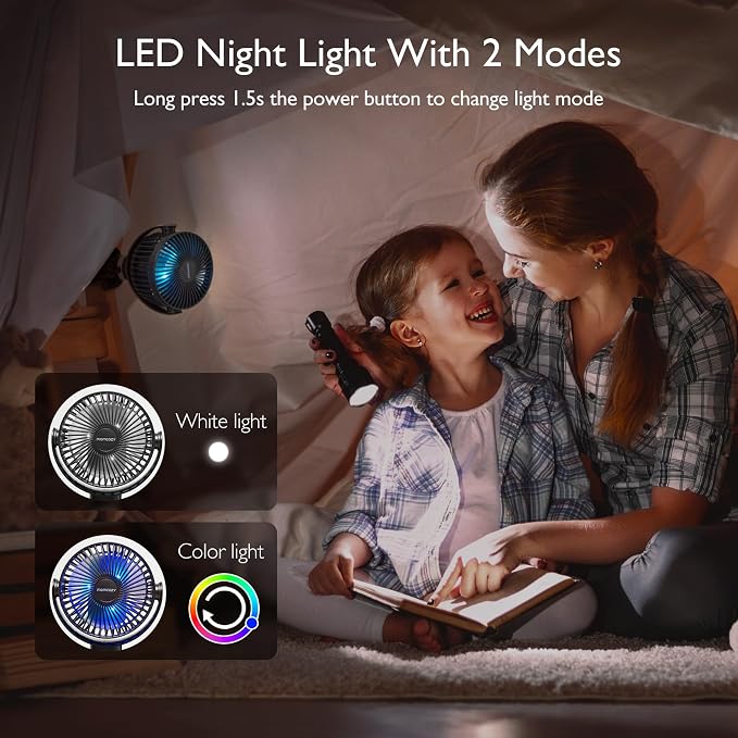 Momcozy 8000mAh Portable Stroller Fan | 27H Ultra-long Battery Life | Detachable 4 Speed 360°Rotate | 2 Modes LED Night Light, USB Rechargeable Handheld Cooling Fan for Travel, Car Seat, Bedroom - Image 6