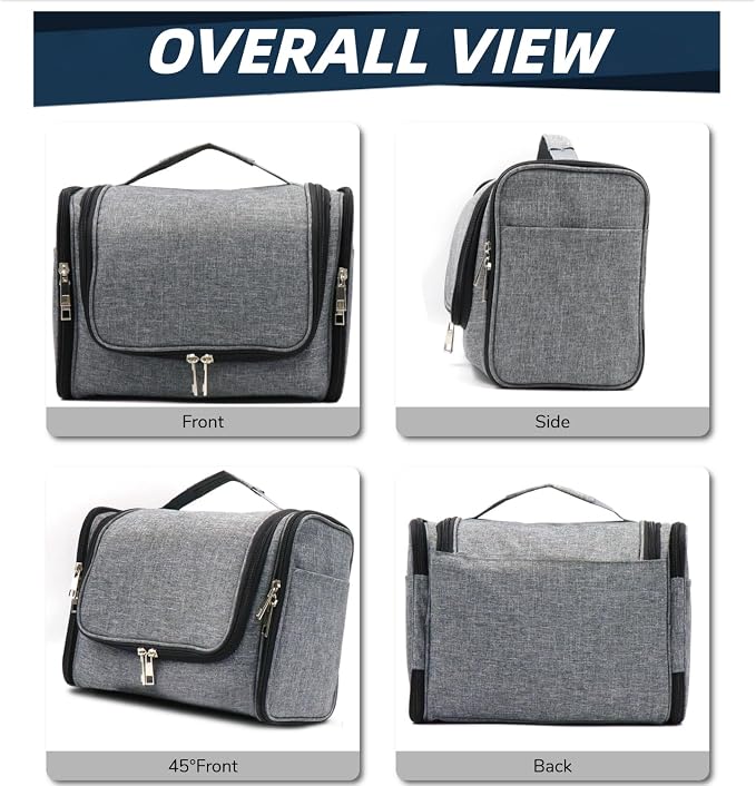 Buruis Hanging Toiletry Bag for Women and Men, Cosmetic Bag, Oxford Gray | Honeycomb Nylon Design, Large Capacity, Dual Zippers, Sturdy Hanging Hook, Full-Size Toiletry Storage, Cosmetic Essentials - Image 5