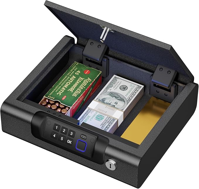 BILLCONCH Gun Safe,Biometric Fingerprint Gun Safe for Handgun Pistol Safes | Fingerprint PIN Key Unlock, Interior Light and USB Charging Lock box with Silent Mode for Bedroom Nightstand - Image 6