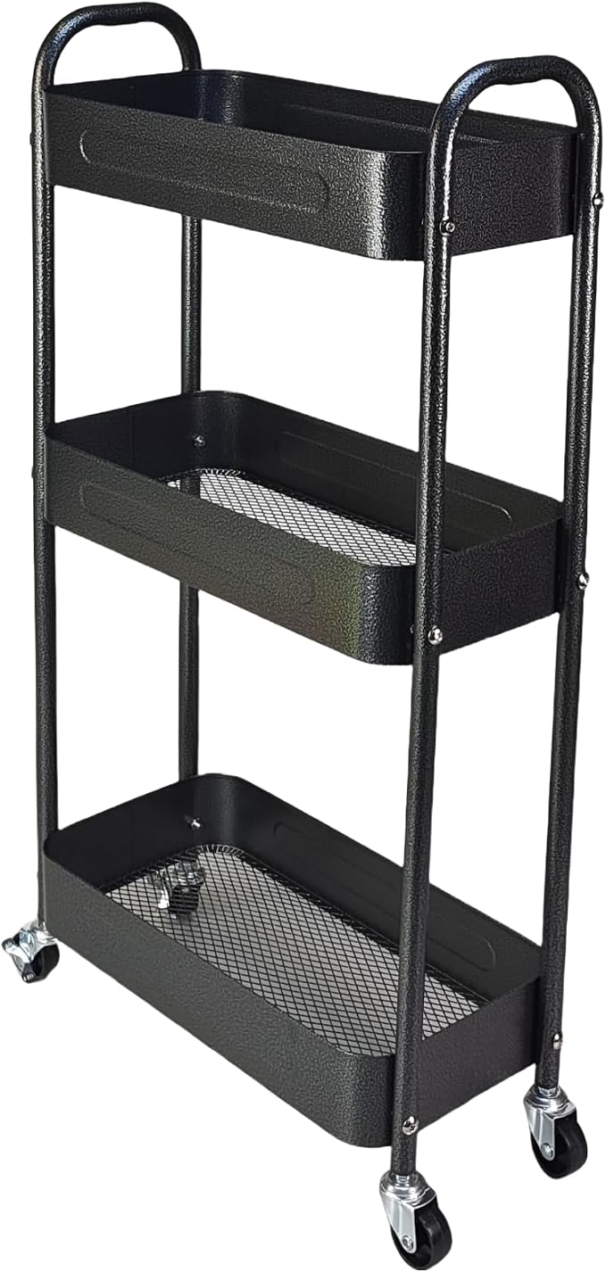 3 Tier Slim Metal Rolling Storage Cart for Laundry Room & Kitchen Organizer, 7.1'' Thin Standing Shelf for Narrow Spaces, Skinny Utility Cart with Wheels & Casters for Bathroom, Black by LIWNYRK