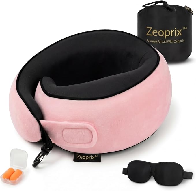 Memory Foam Wrap Around Travel Neck Pillow for Airplane, Pink | Travel pillow for airplanes with adjustable 360° neck support, breathable, washable cover, eye mask, earplugs & compact bag by Unknown