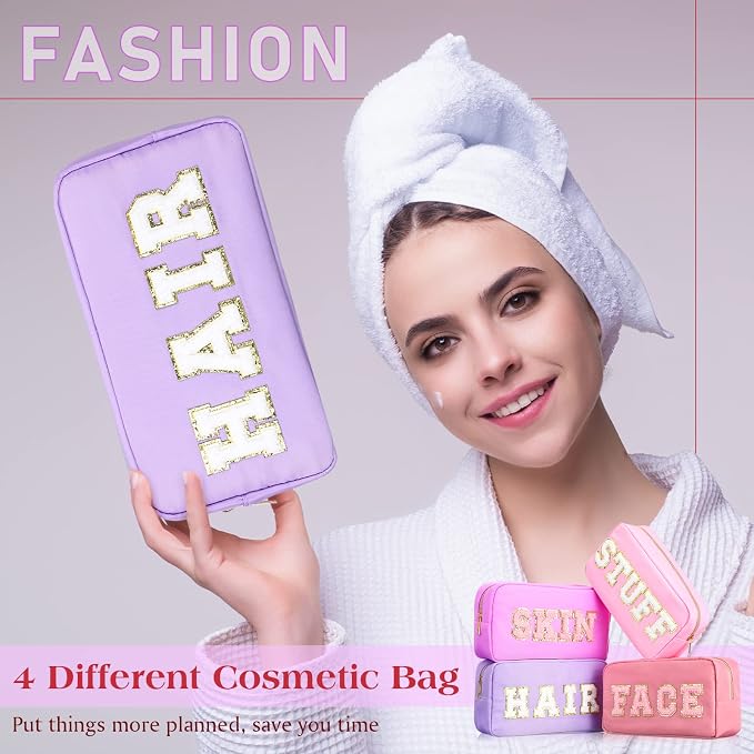 Preppy Makeup Bags Chenille Letter Stuff Bag Nylon Cosmetic Pouch Cases with Zipper for Women Travel Toiletry(Mixed Color,Classic,4 Pcs) - Image 7