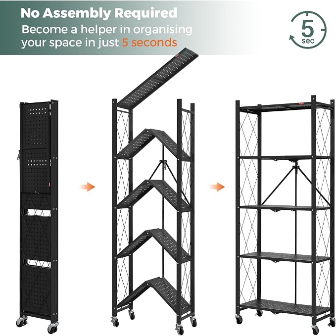 DEANIC 5-Shelf Folding Bookcase with Wheels, Rolling Bookshelf Heavy Duty Storage Shelves, Freestanding Metal Wire Shelving Unit for Living Room, Office, Kitchen, Basement, Pantry (Black) - Image 4